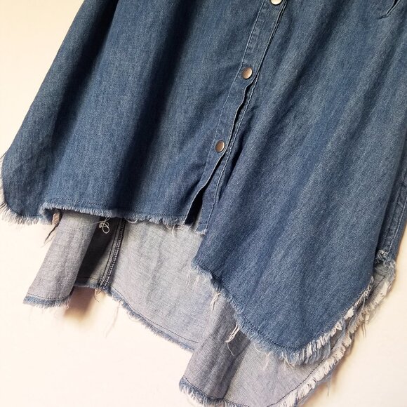 Ruti Chambray Denim Shirt Dress Hemp Organic Cotton Snap Button Frayed Hem Blue - Picture 14 of 16